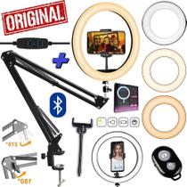 Kit Suporte Braço Articulado de Mesa Profissional Estúdio Rádio Iluminador Ring Light Luz Led Celular Live Gravar Vídeo