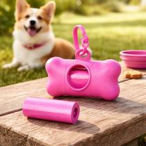 Kit Suporte Cata Caca Ossinho + 15 Sacos Plásticos Pet Cor:Rosa