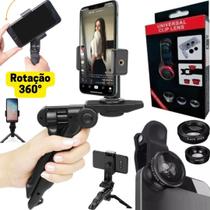 Kit Suporte Celular 2 Em 1 Mini Tripé Estabilizador + 3 Lentes Olho Peixe Macro Grande Angular Kit Suporte Celular 2 Em 1 Mini Tripé Estabilizador + 3 Lentes Olho Peixe Macro Grande Angular