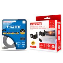 Kit Suporte De Tv Universal Fixo 10 a 100 Polegadas e Cabo Hdmi 2 Metros 4k Brasforma