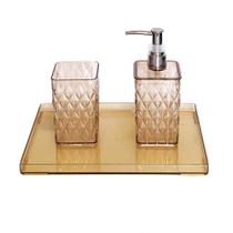 Kit suporte escovas dente porta sabonete líquido bandeja decorativa acrílico dourada banheiro lavabo