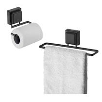 Kit Suporte Lavabo Banheiro Preto Porta Toalha Rosto E Papeleira Conjunto Completo