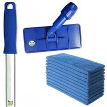 Kit Suporte Limpa Tudo LT Com Giro Junção Articulada + Cabo 1,4 Metros + 10 Fibra Azul Para Parede Formica Inox Teflon