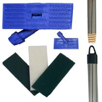 Kit SUPORTE LT Limpa Tudo + 2 FIBRAS Multiuso VERDE + 1 Fibra Macia BRANCA + CABO DE MADEIRA 60 Cm Mop Giro 360 Graus