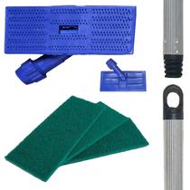 Kit SUPORTE LT Limpa Tudo + 3 FIBRAS Multiuso Verde com CABO DE ALUMÍNIO 50Cm Mop Articulado Com Giro 360 Graus Limpeza