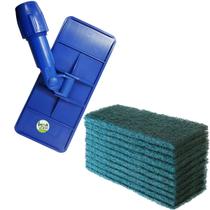 Kit Suporte LT Limpa Tudo Junção Articulada + 10 Unidades Fibras Limpeza Pesada Verde Para Piso Chão Azulejo Parede