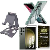 Kit Suporte Mesa + Capinha Antishock Samsung M14 + Película Vidro 3D Armyshield + Suporte 360 - Hrebos Chumbo
