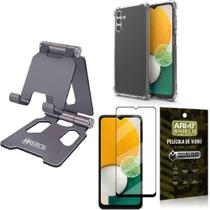 Kit Suporte Mesa Hrebos + Capinha Antishock Samsung Galaxy M14 + Película Vidro Armyshield - Chumbo