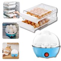 Kit Suporte Organizador Dispenser 32 Ovos e Cozedor de Ovos Elétrico 110V Até 7 Ovos