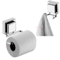 Kit Suporte Papel Higiênico Gancho Duplo Multiuso Porta Toalha Banheiro Ventosa Cromado - Future Kit Suporte Papel Higiênico Gancho Duplo Multiuso Porta Toalha Banheiro Ventosa Cromado - Future