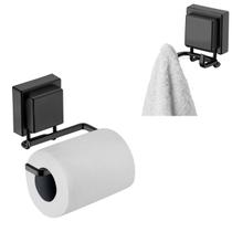 Kit Suporte Papel Higiênico Gancho Duplo Multiuso Porta Toalha Banheiro Ventosa Preto Fosco - Future