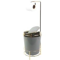 Kit Suporte Papel Higiênico lixeira 5 Litros Tampa Basculante Banheiro Cinza Dourado - AMZ