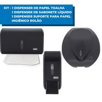 Kit Suporte Papel Higiênico Rolão + Saboneteira Líquida C/Reservatório 400ml + Dispenser Interfolha Cor:Preto