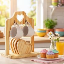 Kit Suporte Para 4 Xicara Cantinho do Café De Madeira Pires Coração