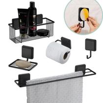 Kit Suporte Para Banheiro 5 Peças Lavabo Porta Toalha Shampoo Saboneteira Papel Gancho Adesivo 3M