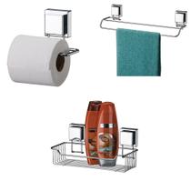 Kit Suporte Para Papel Higiênico + Toalheiro Duplo 45 Cm Inox + Porta Shampoo Cesto Inox Ventosa