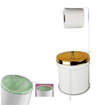 Kit Suporte Porta Papel Higiênico Chão Com Lixeira 5L Tampa Cesto Lixo Branco Dourado Banheiro - Future Kit Suporte Porta Papel Higiênico Chão Com Lixeira 5L Tampa Cesto Lixo Branco Dourado Banheiro - Future