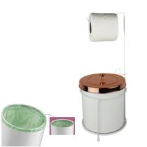 Kit Suporte Porta Papel Higiênico Chão Com Lixeira 5L Tampa Cesto Lixo Branco Rose Gold Banheiro - Future