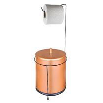 Kit Suporte Porta Papel Higiênico Chão Com Lixeira 6,3L Tampa Preto Rose Gold Fosco Banheiro - CP