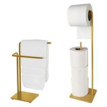 Kit Suporte Porta Papel Higiênico Chão + Toalheiro Bancada Dourado Fosco Banheiro - Future