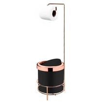 Kit Suporte Porta Papel Higiênico Com Lixeira 5L Cesto Lixo Tampa Basculante Banheiro Rose Gold Preto - Future
