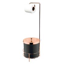 Kit Suporte Porta Papel Higiênico Com Lixeira 5L Cesto Lixo Tampa Rose Gold Preto Chão Banheiro - Future