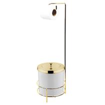 Kit Suporte Porta Papel Higiênico Com Lixeira 5L Tampa Cesto Lixo Dourado Branco Chão Banheiro - Future