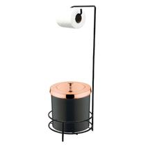 Kit Suporte Porta Papel Higiênico Com Lixeira 5L Tampa Cesto Lixo Rose Gold Preto Chão Banheiro - Future Kit Suporte Porta Papel Higiênico Com Lixeira 5L Tampa Cesto Lixo Rose Gold Preto Chão Banheiro - Future