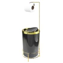 Kit Suporte Porta Papel Higiênico Com Lixeira 8L Tampa Basculante De Cozinha Banheiro Dourado - AMZ