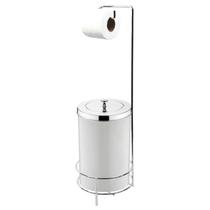 Kit Suporte Porta Papel Higiênico Com Lixeira 8L Tampa Cesto Lixo Branco Cromado Chão Banheiro - Future