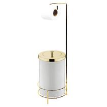 Kit Suporte Porta Papel Higiênico Com Lixeira 8L Tampa Cesto Lixo Dourado Branco Chão Banheiro - Future