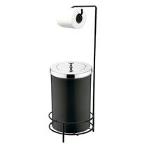 Kit Suporte Porta Papel Higiênico Com Lixeira 8L Tampa Cesto Lixo Preto Cromado Chão Banheiro - Future Kit Suporte Porta Papel Higiênico Com Lixeira 8L Tampa Cesto Lixo Preto Cromado Chão Banheiro - Future