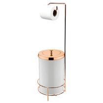 Kit Suporte Porta Papel Higiênico Com Lixeira 8L Tampa Cesto Lixo Rose Gold Branco Chão Banheiro - Future