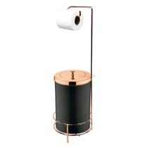 Kit Suporte Porta Papel Higiênico Com Lixeira 8L Tampa Cesto Lixo Rose Gold Preto Chão Banheiro - Future Kit Suporte Porta Papel Higiênico Com Lixeira 8L Tampa Cesto Lixo Rose Gold Preto Chão Banheiro - Future