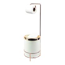 Kit Suporte Porta Papel Higiênico Lixeira 5L Basculante Redonda Banheiro Branco Rose Gold - AMZ