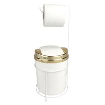 Kit Suporte Porta Papel Higiênico Lixeira 5L Cesto Lixo Tampa Basculante Banheiro Branco Dourado - AMZ