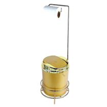 Kit Suporte Porta Papel Higiênico Lixeira 5L Cesto Lixo Tampa Basculante Retangular Banheiro Dourado - AMZ