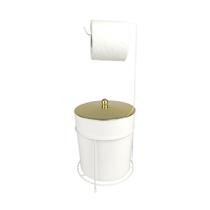 Kit Suporte Porta Papel Higiênico Lixeira 5L Cesto Lixo Tampa Pino Banheiro Branco Dourado - AMZ