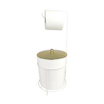 Kit Suporte Porta Papel Higiênico Lixeira 5L Cesto Lixo Tampa Pino Banheiro Branco Dourado - AMZ Kit Suporte Porta Papel Higiênico Lixeira 5L Cesto Lixo Tampa Pino Banheiro Branco Dourado - AMZ