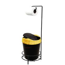 Kit Suporte Porta Papel Higiênico Lixeira 5L Tampa Basculante Banheiro Preto Dourado - AMZ