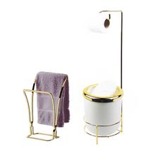 Kit Suporte Porta Papel Higiênico Lixeira 5L Tampa Basculante Redonda Toalheiro Duplo Branco Dourado Banheiro - AMZ Kit Suporte Porta Papel Higiênico Lixeira 5L Tampa Basculante Redonda Toalheiro Duplo Branco Dourado Banheiro - AMZ