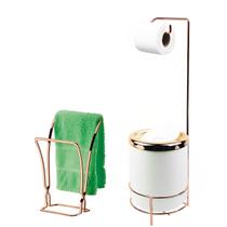 Kit Suporte Porta Papel Higiênico Lixeira 5L Tampa Basculante Redonda Toalheiro Duplo Branco Rose Gold Banheiro - AMZ Kit Suporte Porta Papel Higiênico Lixeira 5L Tampa Basculante Redonda Toalheiro Duplo Branco Rose Gold Banheiro - AMZ