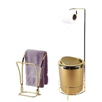 Kit Suporte Porta Papel Higiênico Lixeira 5L Tampa Basculante Redonda Toalheiro Duplo Dourado Banheiro - AMZ Kit Suporte Porta Papel Higiênico Lixeira 5L Tampa Basculante Redonda Toalheiro Duplo Dourado Banheiro - AMZ