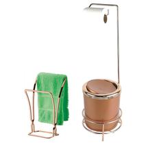 Kit Suporte Porta Papel Higiênico Lixeira 5L Tampa Basculante Redonda Toalheiro Duplo Rose Gold Banheiro - AMZ