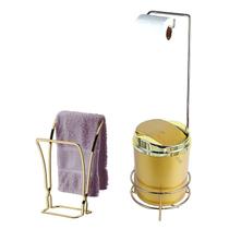Kit Suporte Porta Papel Higiênico Lixeira 5L Tampa Basculante Toalheiro Duplo Dourado Banheiro - AMZ Kit Suporte Porta Papel Higiênico Lixeira 5L Tampa Basculante Toalheiro Duplo Dourado Banheiro - AMZ
