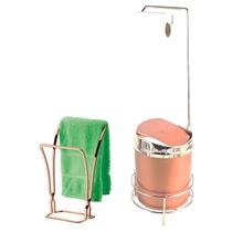 Kit Suporte Porta Papel Higiênico Lixeira 5L Tampa Basculante Toalheiro Duplo Rose Gold Banheiro - AMZ