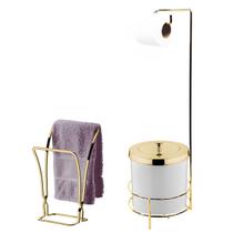 Kit Suporte Porta Papel Higiênico Lixeira 5L Tampa Cesto Lixo Toalheiro Duplo Branco Dourado Banheiro - Future