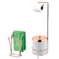Kit Suporte Porta Papel Higiênico Lixeira 5L Tampa Cesto Lixo Toalheiro Duplo Branco Rose Gold Banheiro - Future Kit Suporte Porta Papel Higiênico Lixeira 5L Tampa Cesto Lixo Toalheiro Duplo Branco Rose Gold Banheiro - Future