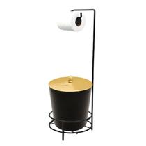 Kit Suporte Porta Papel Higiênico Lixeira 5L Tampa Pino Banheiro Preto Dourado - AMZ