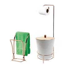 Kit Suporte Porta Papel Higiênico Lixeira 5L Tampa Pino Toalheiro Duplo Branco Rose Gold Banheiro - AMZ